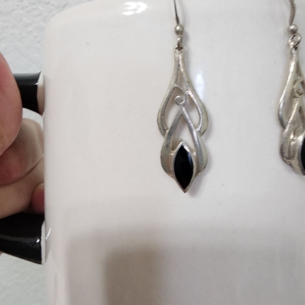 Vintage Black Agate Solid Silver Drop Earrings - image 3